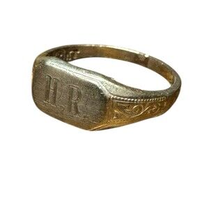 Antique Edwardian 10kt Baby Signet Ring Monogrammed HR Size 0 Scroll Shoulders